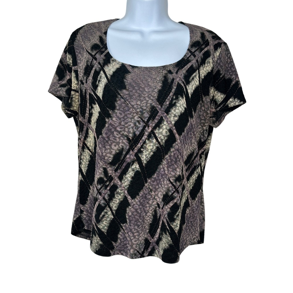 VTG Nicola Top Large Purple Black Abstract Geometric Animal Print Textured Scoop - Picture 2 of 6